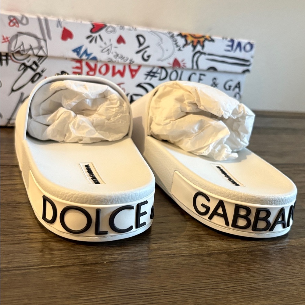 NIB [Dolce & Gabanna] Patches of the Designers Rubber/Calfskin Slides Mens US 10 - Picture 7 of 14